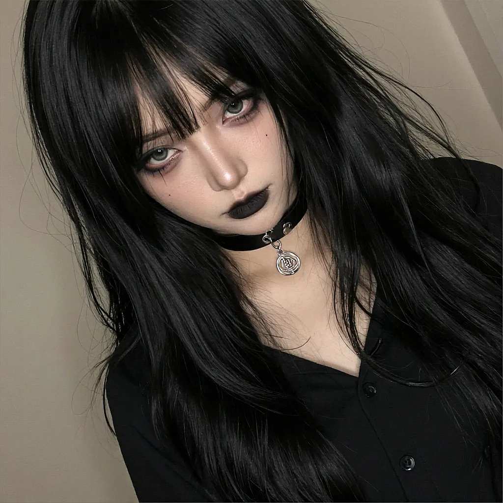 Fictional AI companion with long black hair and a pendant choker against a beige wall