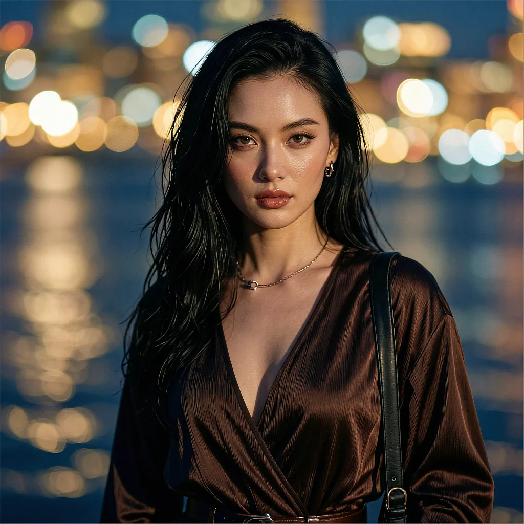 Fictional AI companion in a brown wrap top with city bokeh behind her at night