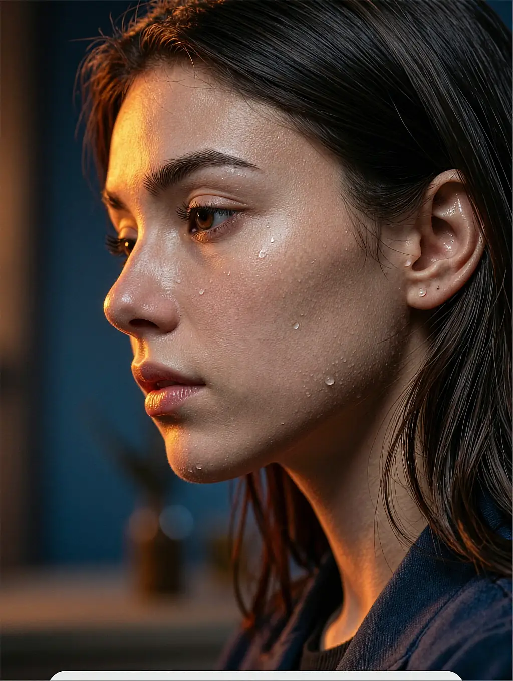 Warm-lit profile portrait of a fictional AI companion with damp hair, shot at night