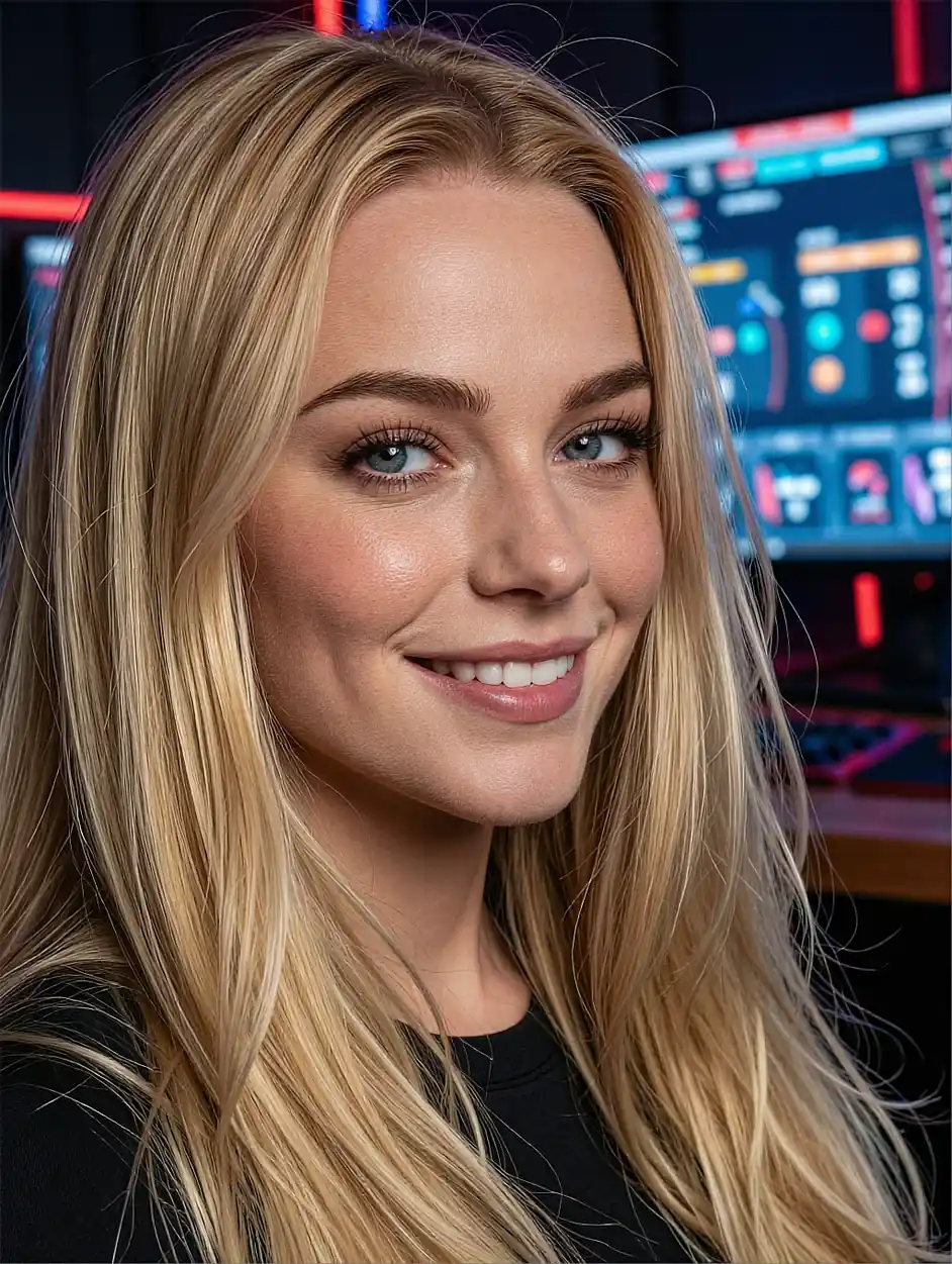 Blonde fictional AI companion smiling in front of neon-lit studio monitors