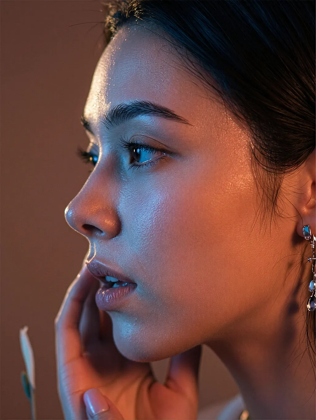 Profile portrait of a fictional AI companion under warm and cold split lighting