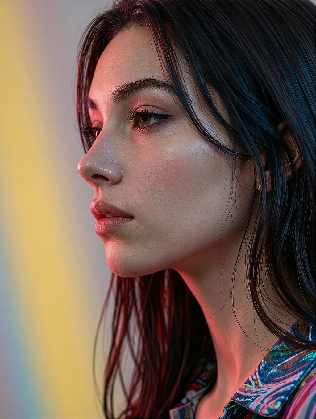 Studio profile portrait of a fictional AI companion against a soft rainbow gradient backdrop