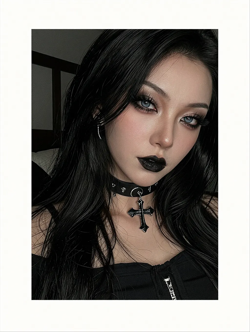 Fictional AI companion with black lipstick and a cross choker, framed like a bordered print