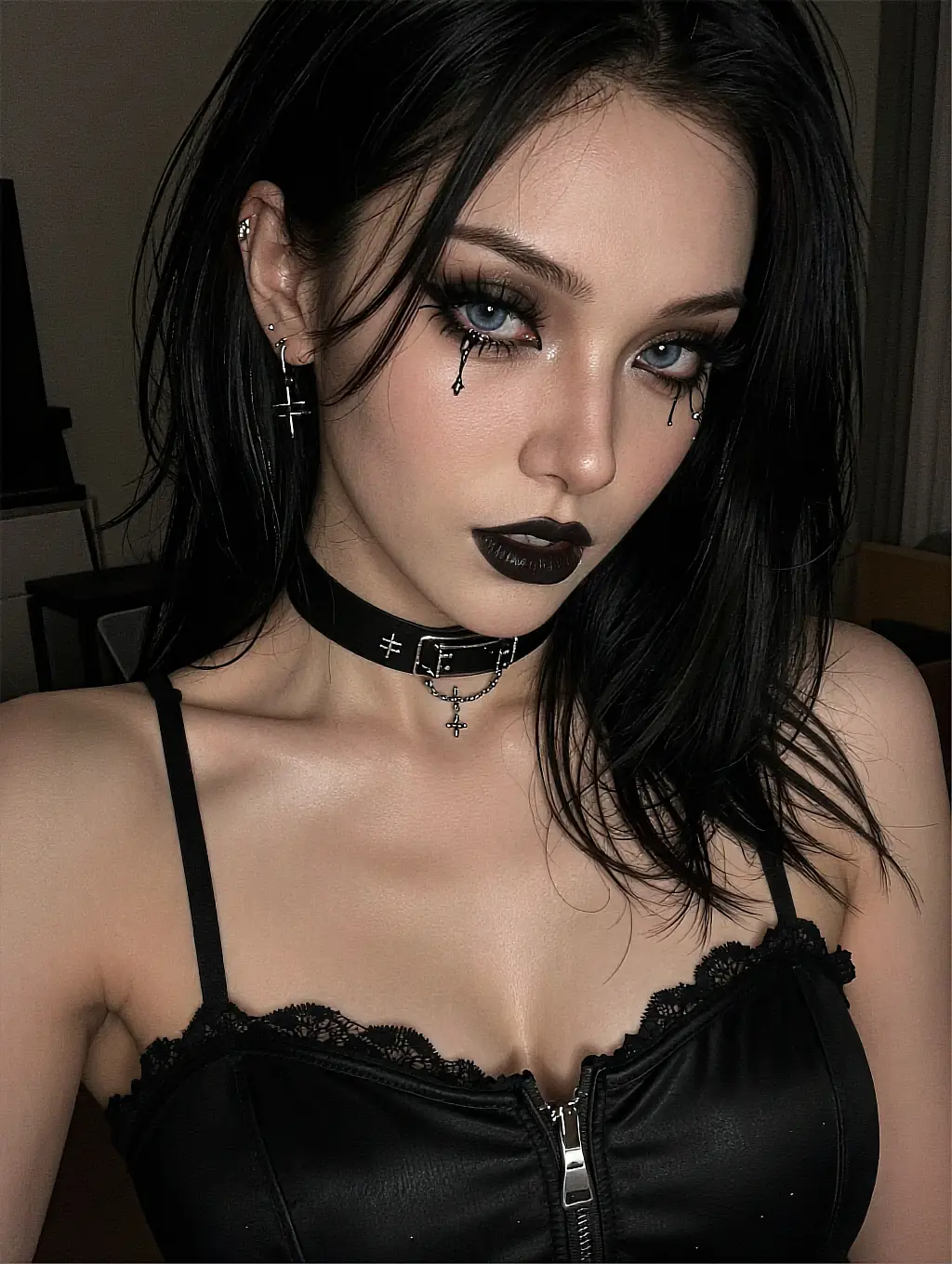 Fictional AI companion in a black corset top with dark lipstick photographed in a dim room